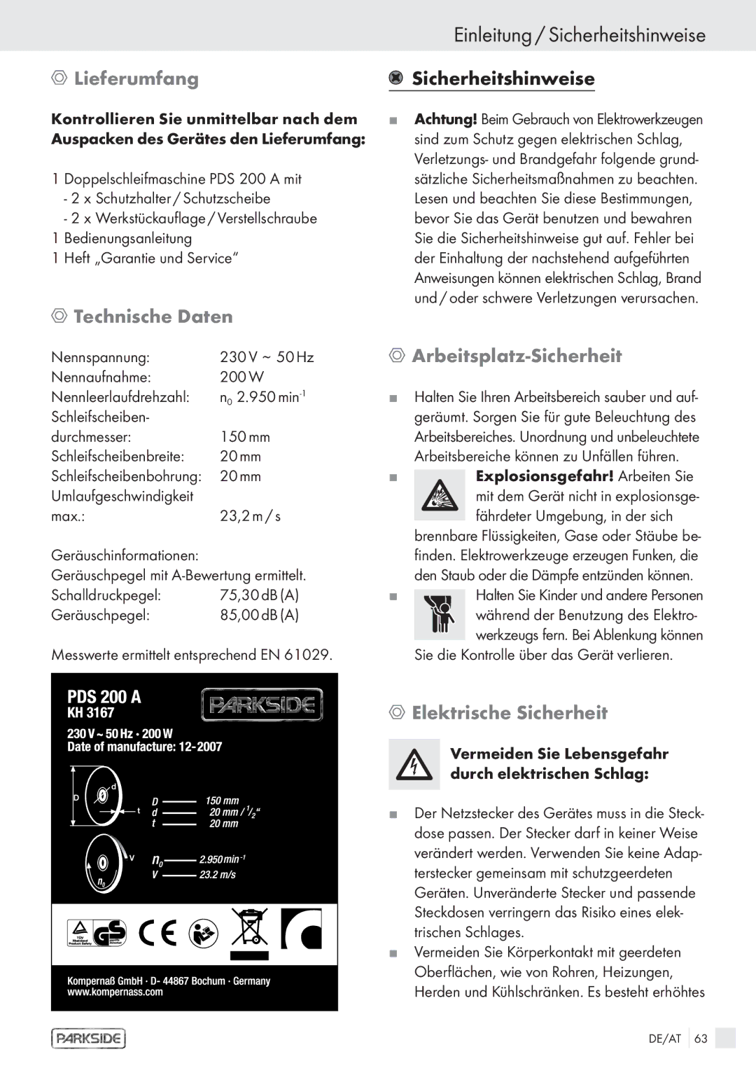 Parkside PDS 200A manual Einleitung / Sicherheitshinweise, Lieferumfang Sicherheitshinweise, Technische Daten 